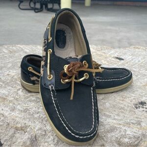 Sperry Women's Bluefish Leather Sparkle Leo Black Boat Shoes Sz 7.5 Reg 90$